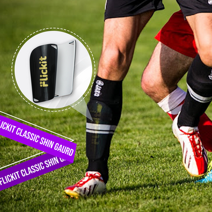 Person wearing Flickit shin guards on a soccer field with product inset.