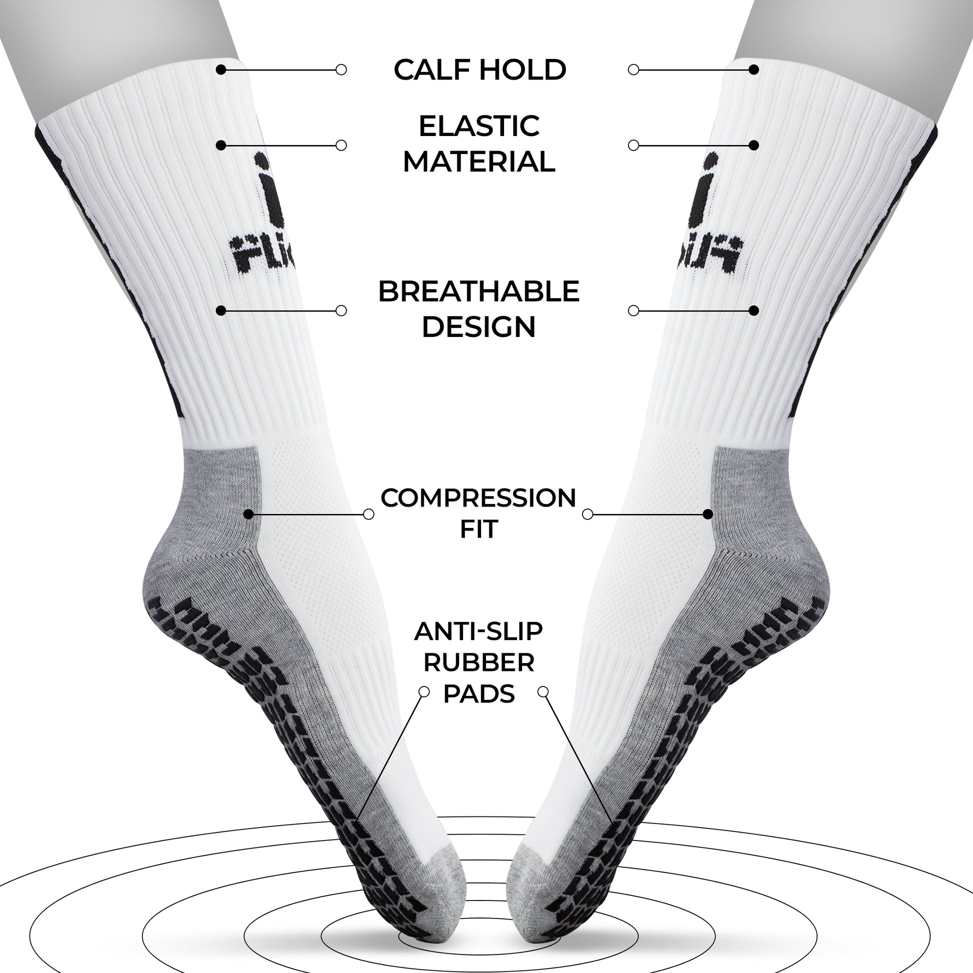 White socks with black text and graphics on a white background