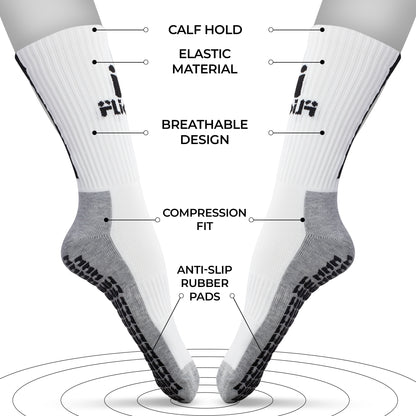 White socks with black text and graphics on a white background