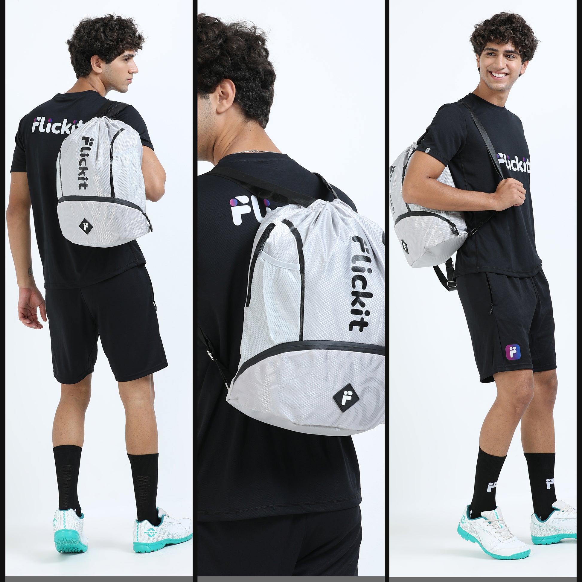 Person wearing a black t-shirt and shorts with a white drawstring bag labeled 'Flickit' on a white background.