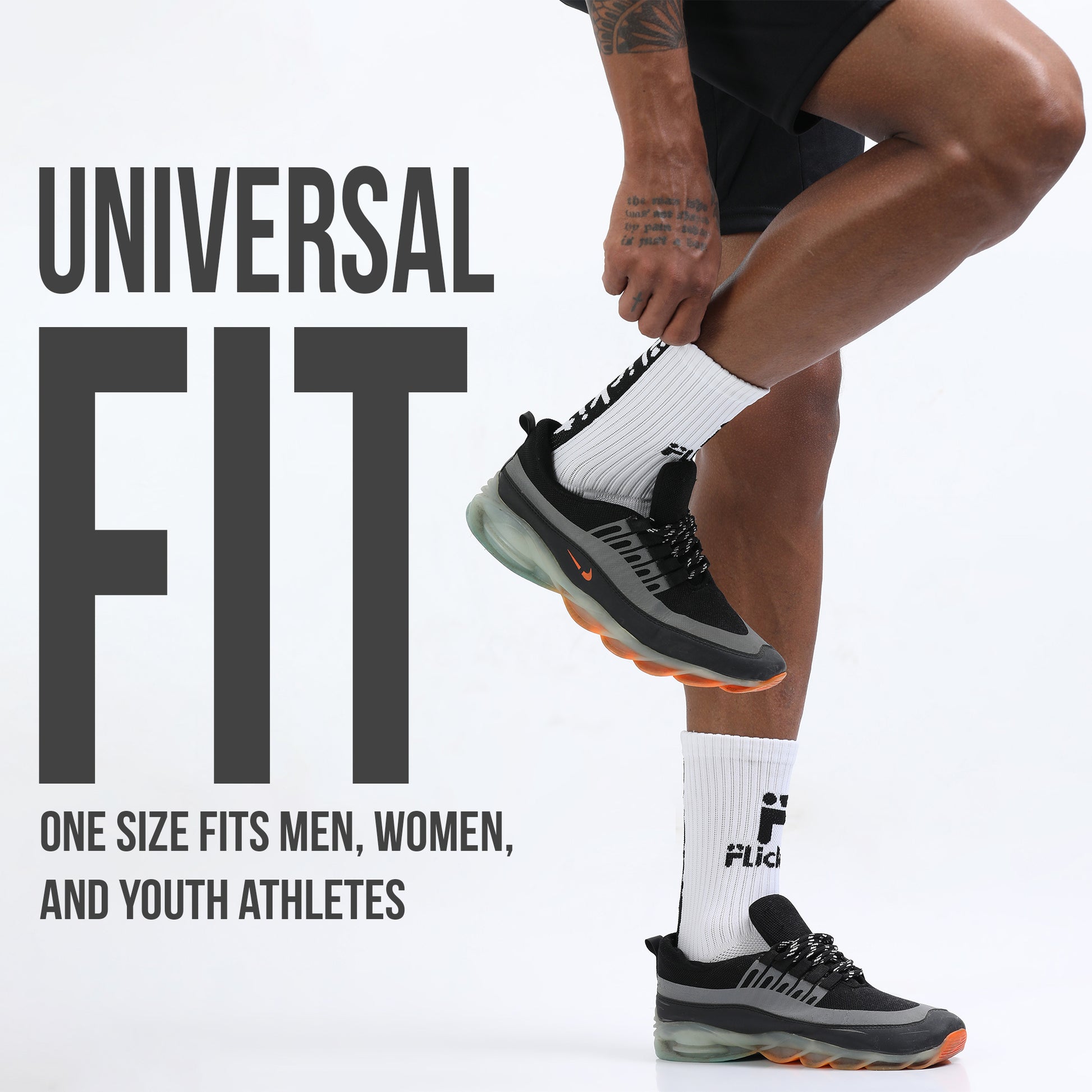 Person wearing black athletic shoes with text 'Universal Fit' on a white background