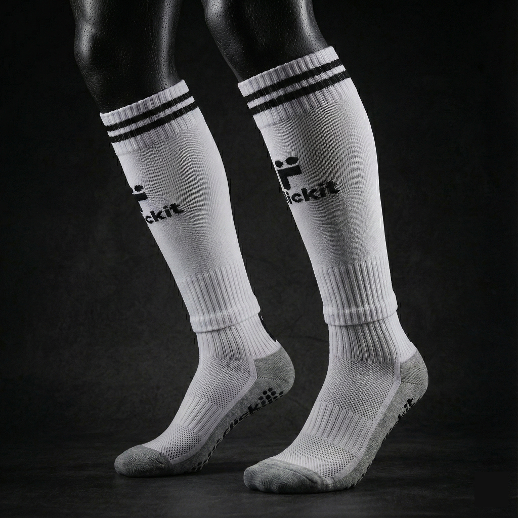 Flickit White knee-high socks with black stripes and branding on a dark background